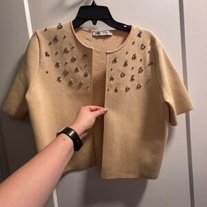 Zara Beige Embellished Short-Sleeve Cropped Cardigan